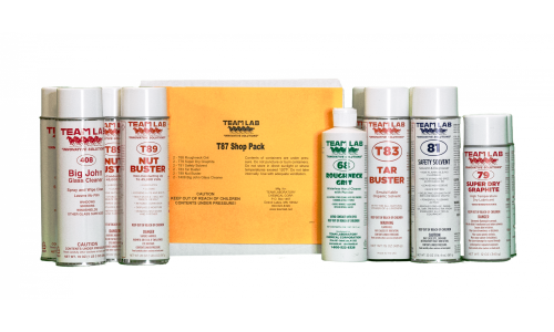 Team Lab T87 Shop Pack with Big John glass cleaner, Nut Buster, Roughneck Grit, Tar Buster, Safety Solvent and Super Dry Graphite cans