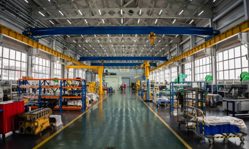 Industrial shop floor with overhead cranes, parts shelving and equipment bays