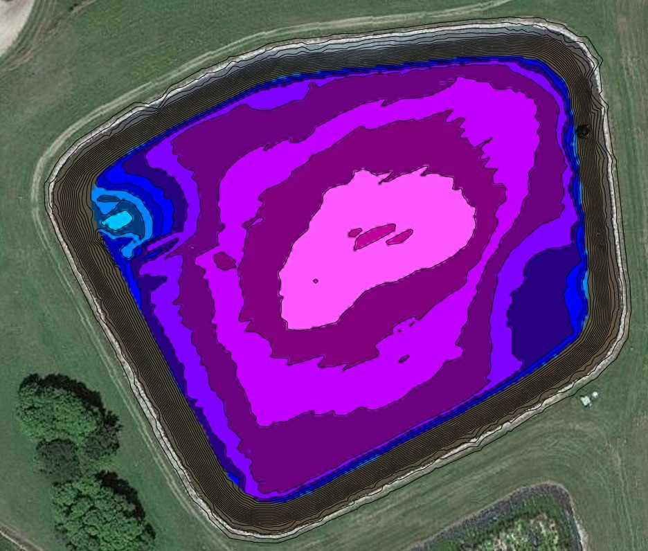 Sonar sludge contour map of the Pelican lagoon, 2024 survey, showing depth of accumulated solids.