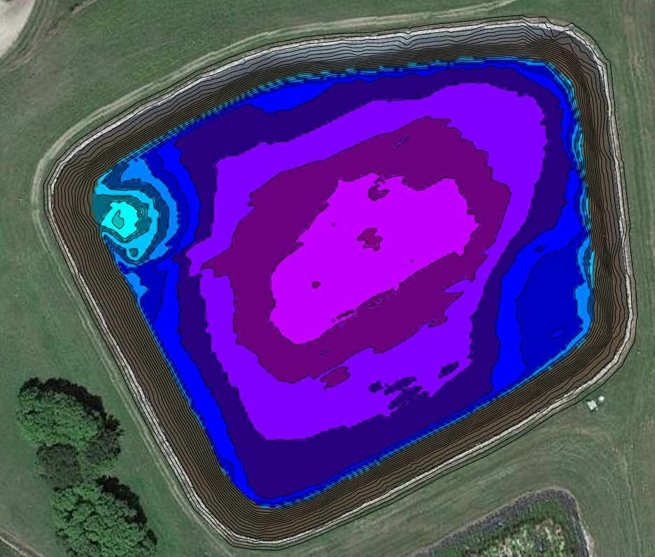 Sonar sludge contour map of the Pelican lagoon, 2026 survey, showing depth of accumulated solids.